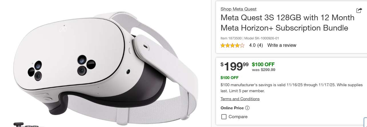 Meta Quest 3S史低价199.99美元,再送12个月Horizon+订阅