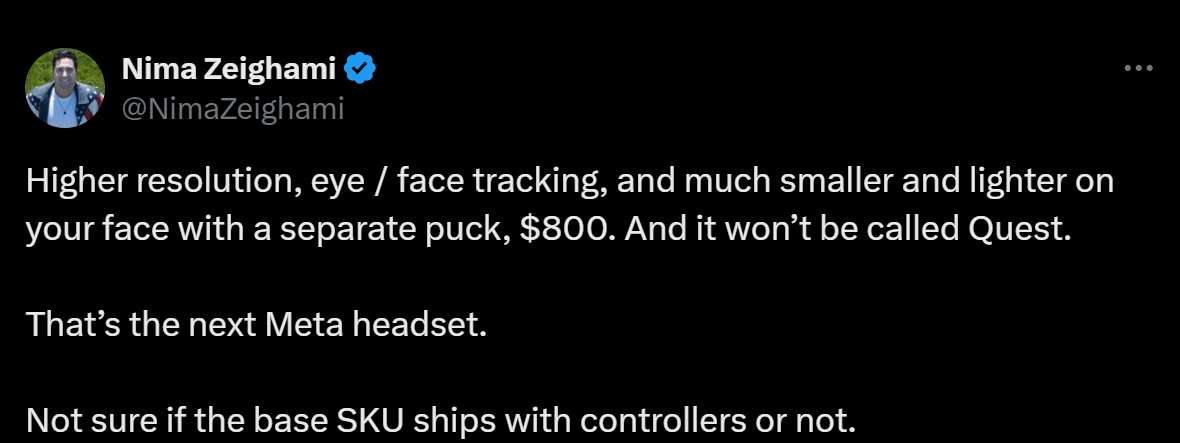 传下一代Meta头显取消Quest命名,售价800美元,采用分体式设计