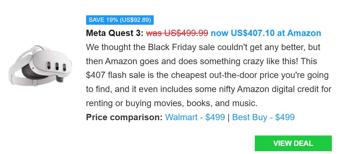 Quest 3 亚马逊限时直降92.89美元，再送100美元礼品卡