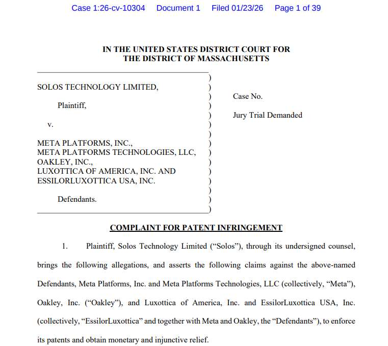 香港智能眼镜商Solos起诉Meta专利侵权，索赔数十亿美元