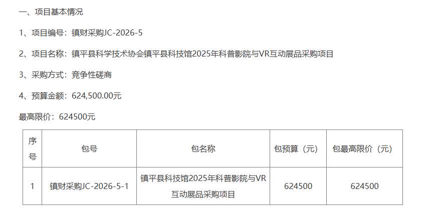 镇平县科学技术协会62.45万元采购科普影院与VR互动展品