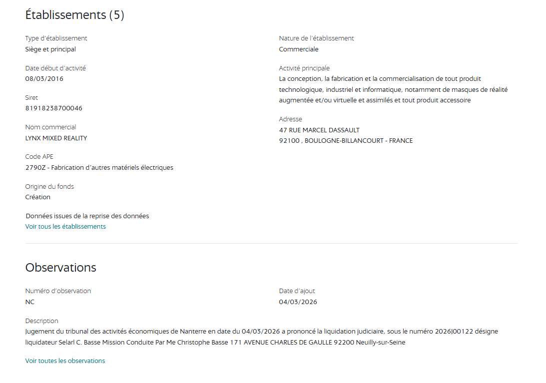 映维日报：法国MR头显Lynx制造商破产，被法院强制清算