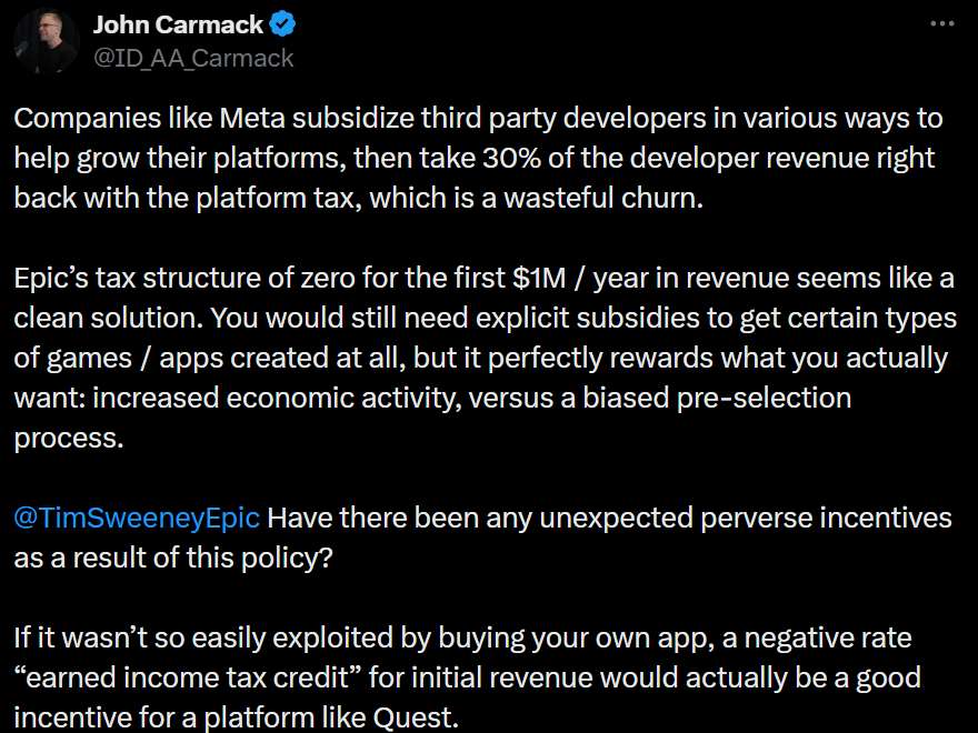 卡马克点评Meta:对开发者既补贴又抽成是“浪费资源的空转”