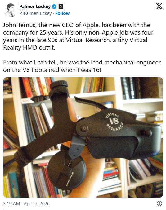 帕尔默·拉奇晒出古董头显：我16岁那台V8的总工程师，如今成了苹果CEO