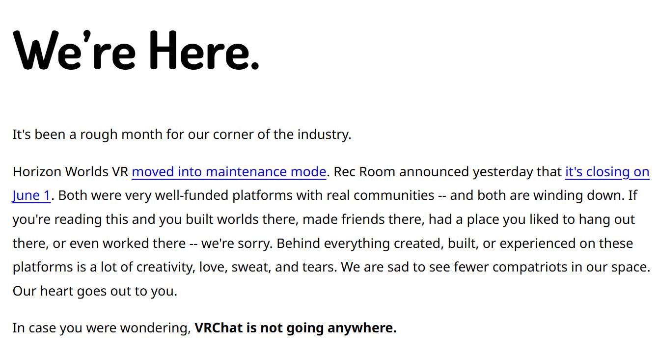 “VRChat不会倒下”：创始人在元宇宙社交平台低谷期发声安抚