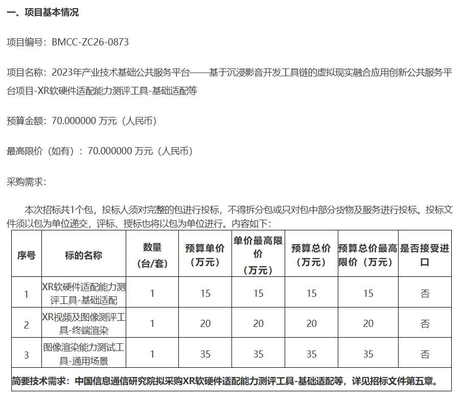 中国信通院70万招标XR软硬件适配能力测评工具