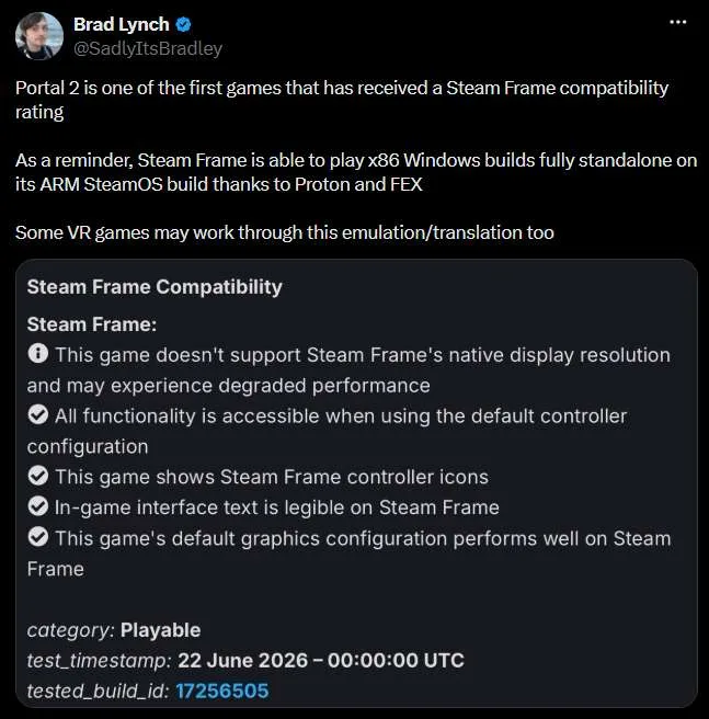 《传送门2》成为首批获得 Steam Frame 兼容性评级的游戏之一