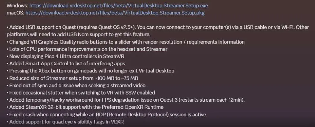 Virtual Desktop更新:USB连接、PICO控制器模型显示及多项优化