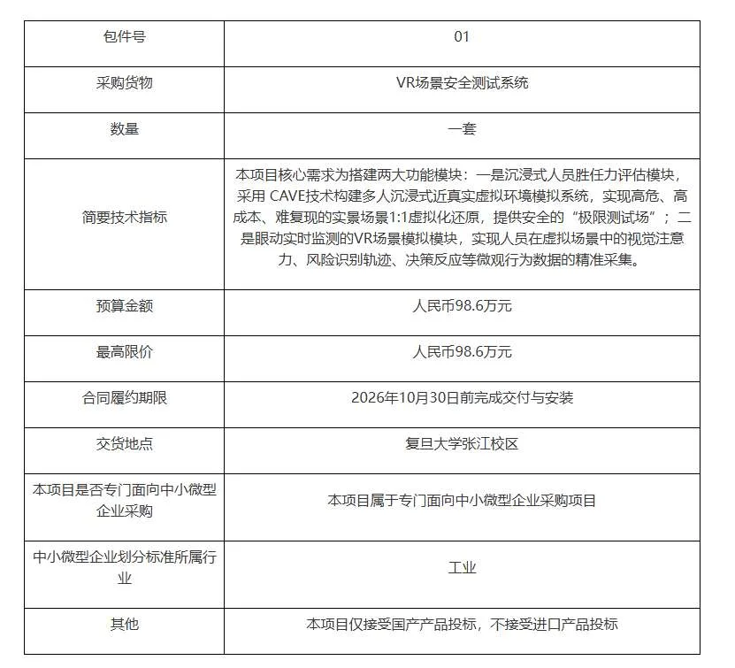 复旦大学98.6万招标VR场景安全测试系统