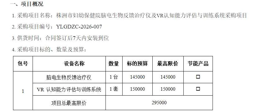 株洲市妇幼保健院招标采购VR认知能力评估与训练系统