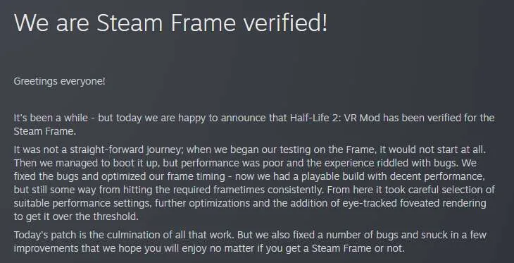 《半条命2：VR Mod》通过Steam Frame验证，更新同步上线