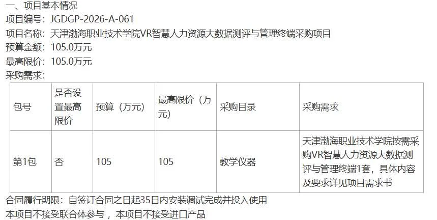 天津渤海职业技术学院105万招标VR智慧人力资源大数据测评与管理终端