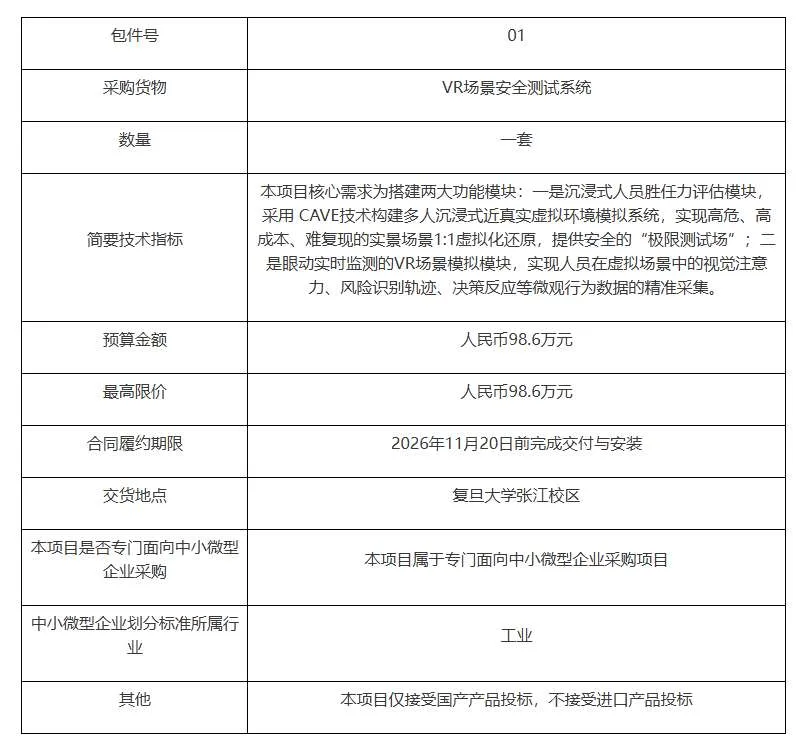 复旦大学98.6万招标VR场景安全测试系统