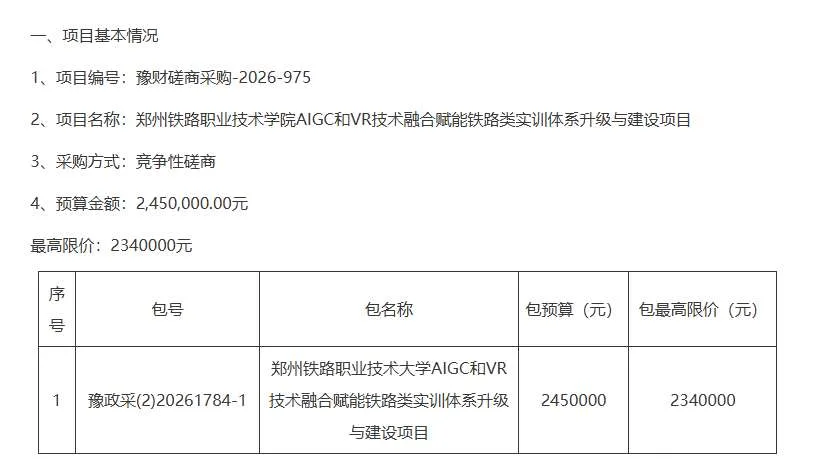 郑州铁路职业技术学院招标AIGC和VR技术融合赋能铁路类实训体系升级与建设