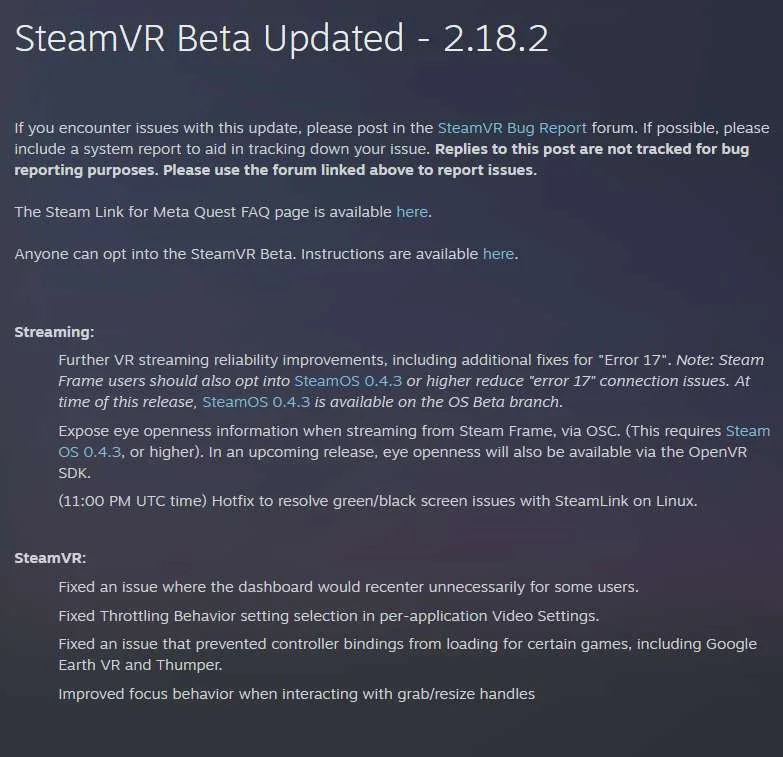 SteamVR更新:提升串流可靠性,修复Linux绿黑屏等问题