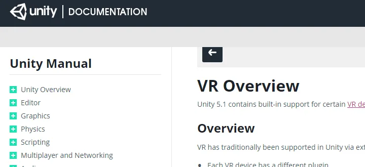Unity 更新官方手册，增加虚拟现实（VR）开发文档