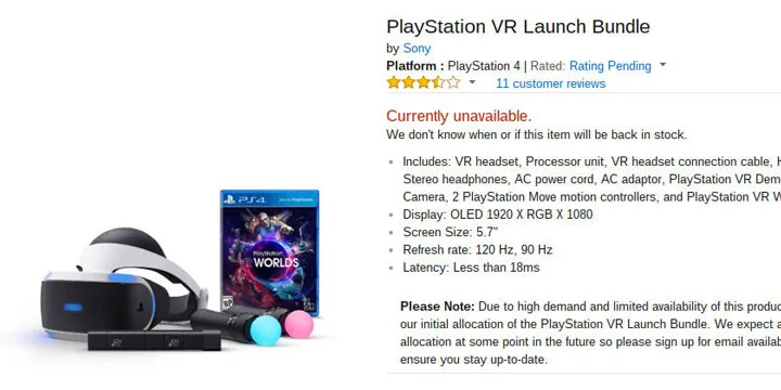 索尼PSVR预售已售罄 或10月底发货