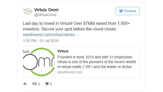 Virtuix迷你IPO获770万美元融资