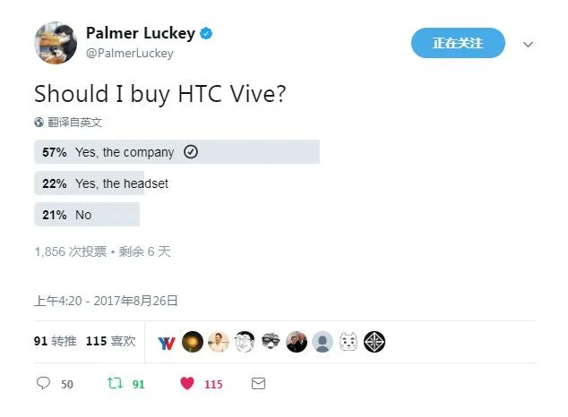 Oculus创始人帕尔默欲收购HTC Vive全部VR业务