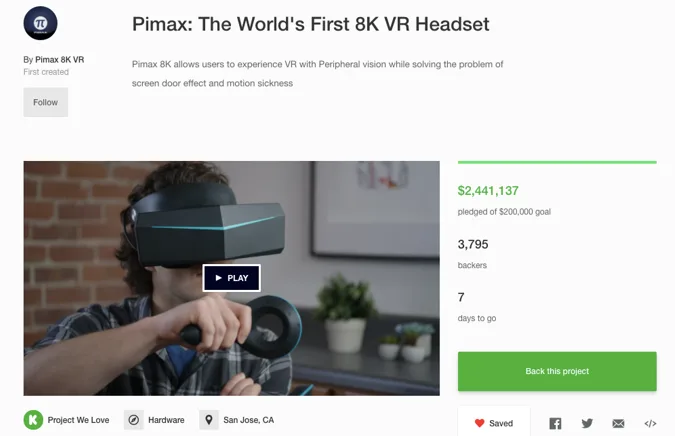 小派8K超越Oculus刷新VR行业众筹纪录