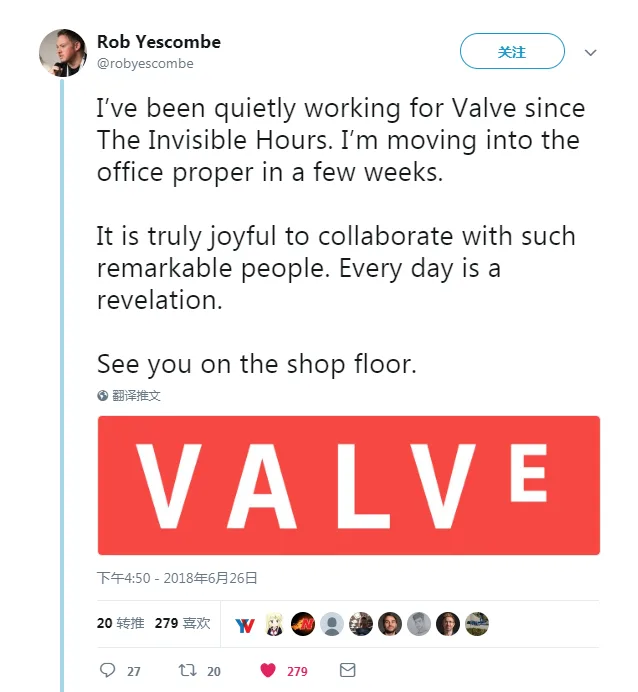 VR游戏剧情策划Rob加盟Valve，曾负责PS VR独占大作《Farpoint》