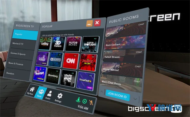 VR社交平台Bigscreen推出50多个电视频道