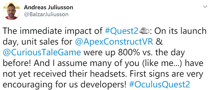 再创新成绩!Quest 2发货推动Quest VR游戏销量大暴涨