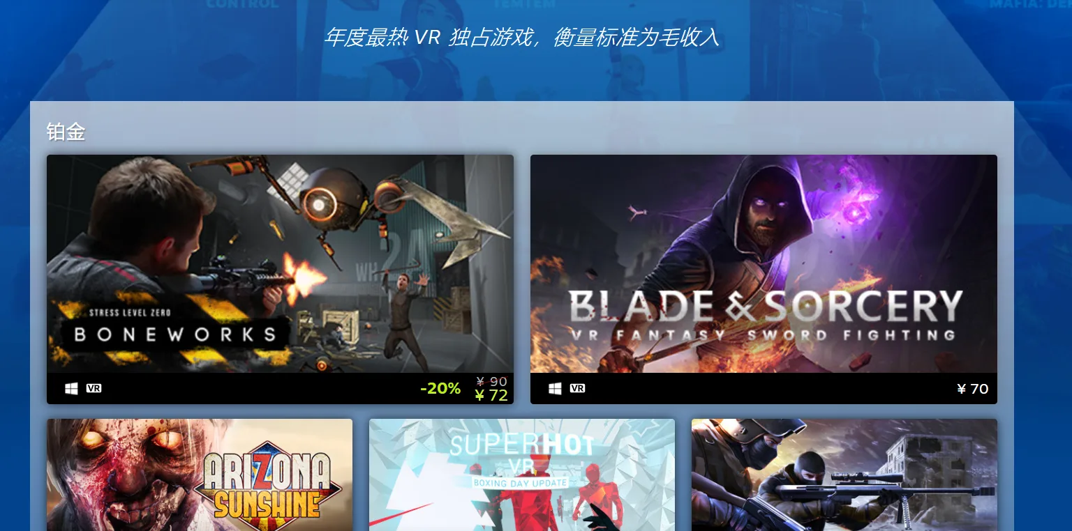 Steam 2020最畅销VR游戏公布,穴居人《合约战士》登榜