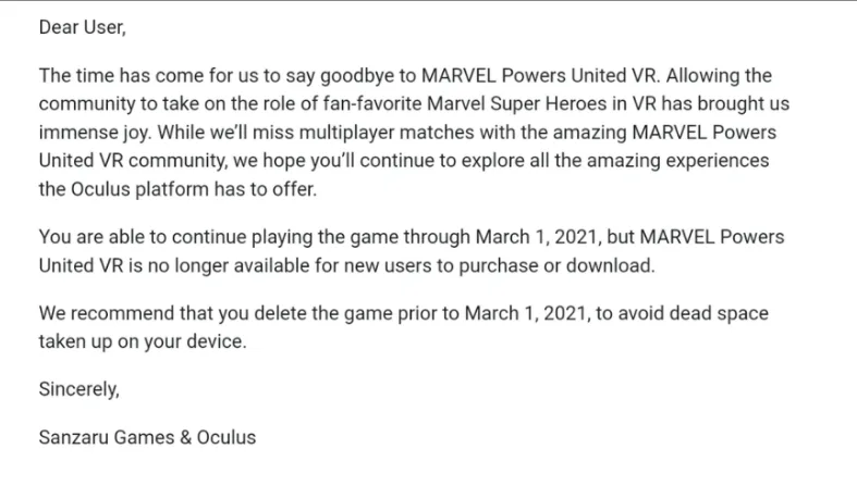 VR游戏《MARVEL Powers United VR》从Oculus下架了,或因漫威IP版权问题