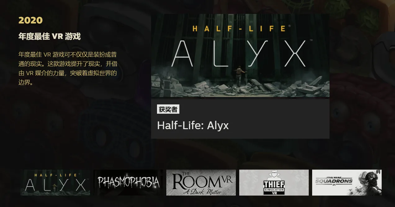 《半衰期：爱莉克斯》获Steam 2020年度最佳VR游戏