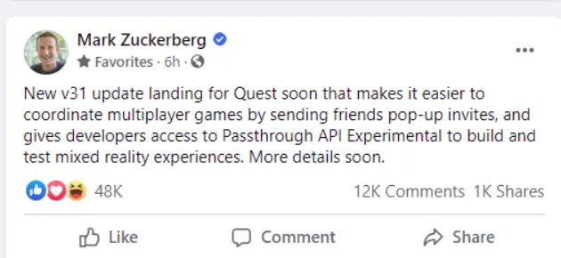 Quest v31发布，优化多人游戏体验，开放Passthrough API