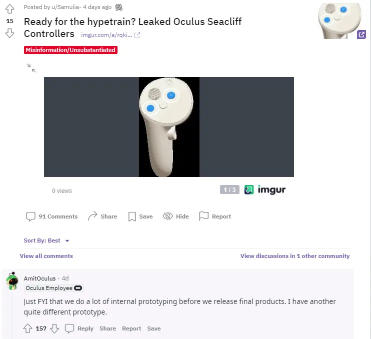泄露的Oculus控制器原型被Oculus员工辟谣