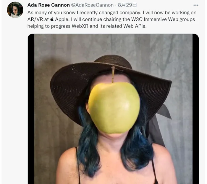 WebXR标准组理事长Ada Rose Cannon加入苹果继续负责AR/VR工作