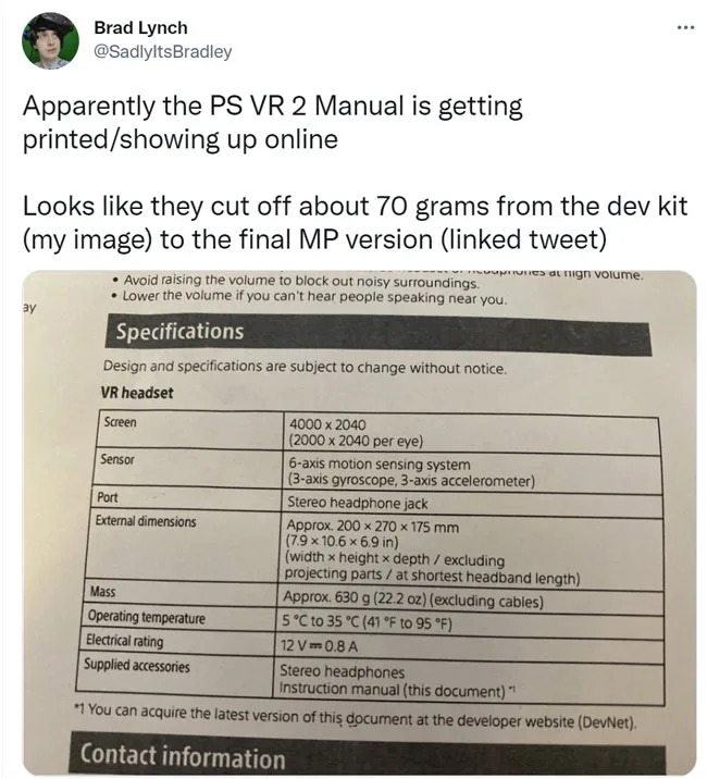 索尼PSVR 2用户手册泄露，量产版比开发版轻70克