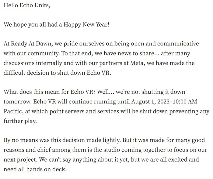 Meta宣布旗下多人游戏《Echo VR》将于8月1日关停