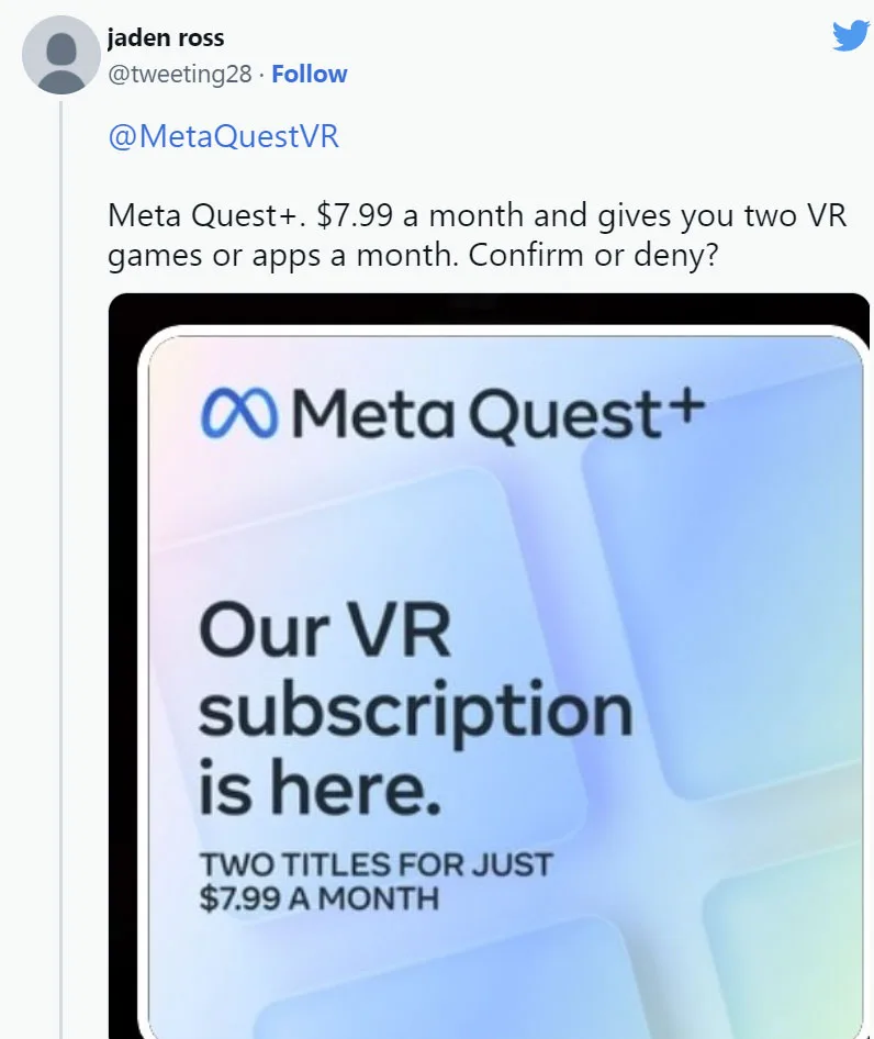 Meta Quest订阅服务每月7.99美元畅玩两款VR游戏应用
