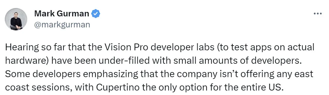 彭博社：开发者缺兴趣，仅少量访问了美国Vision Pro实验室