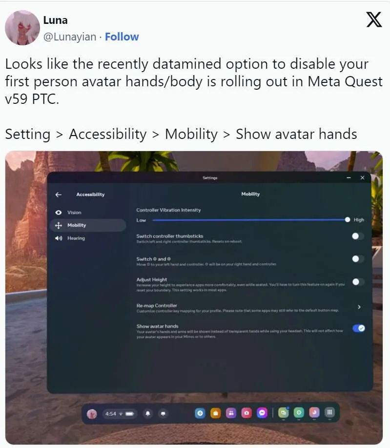 Meta Quest或将允许用户关闭第一人称Avatar