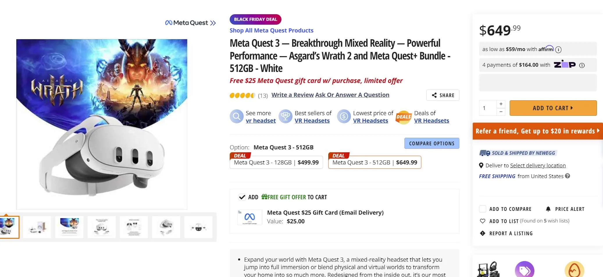 新蛋黑五大促，买Meta Quest 3再送最高25美元礼品卡