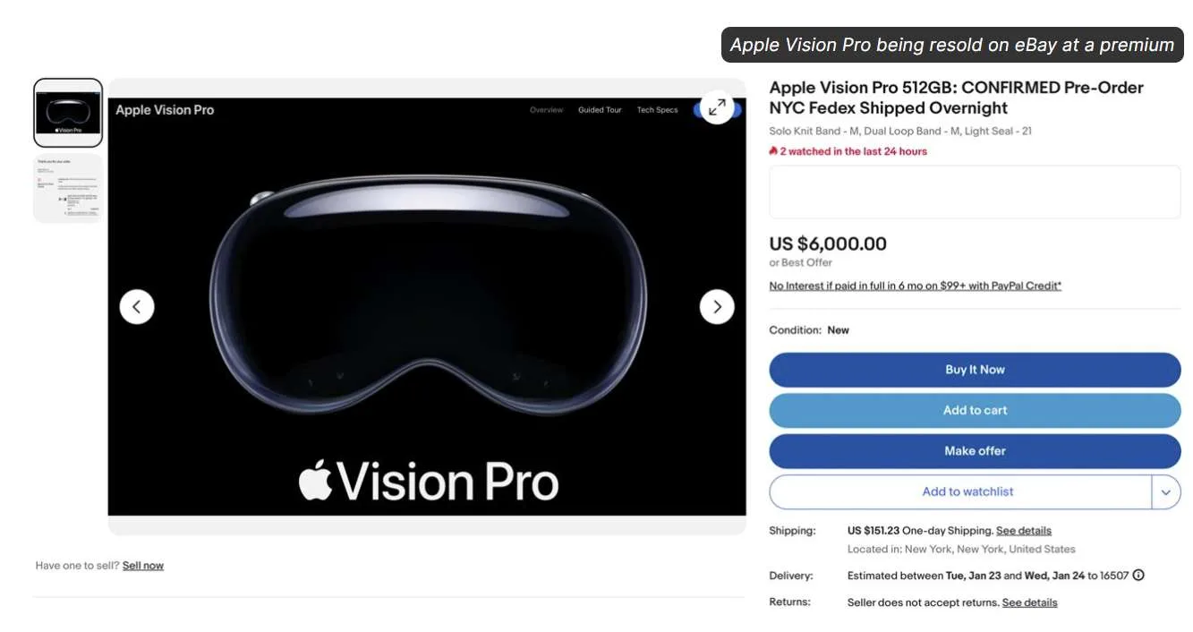 苹果Vision Pro预购火热,发向中国的二手转卖价最高翻至5.8万元