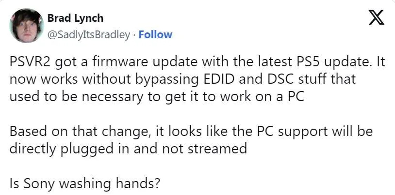 索尼PS VR2固件更新暗示支持有线PC VR串流