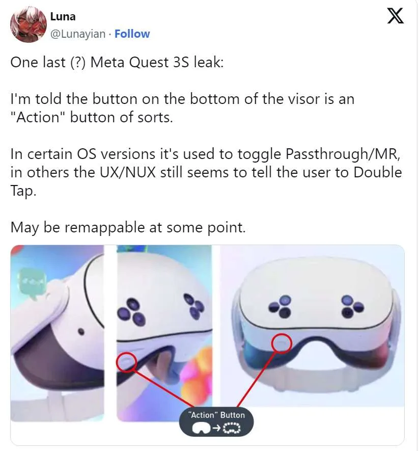 泄露照片显示Meta Quest 3S提供VR、MR自由切换按钮