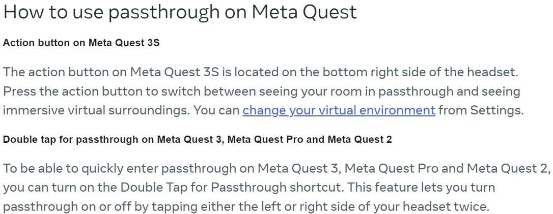 Meta官方支持页面证实Quest 3S有切换VR/MR的动作按钮