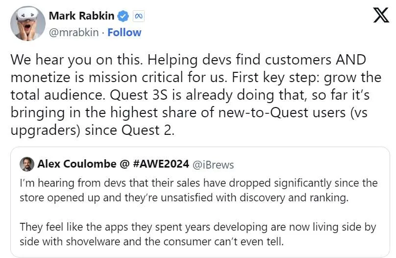 Meta高管:Quest 3S新人比例是Quest 2以来最高