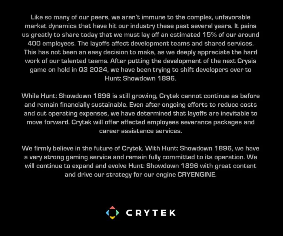 Crytek裁员15％，曾发布VR攀岩游戏《The Climb》