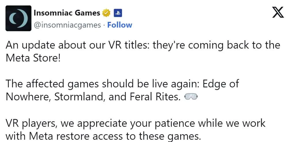Insomniac Games被下架PC VR游戏重新上架Meta Store