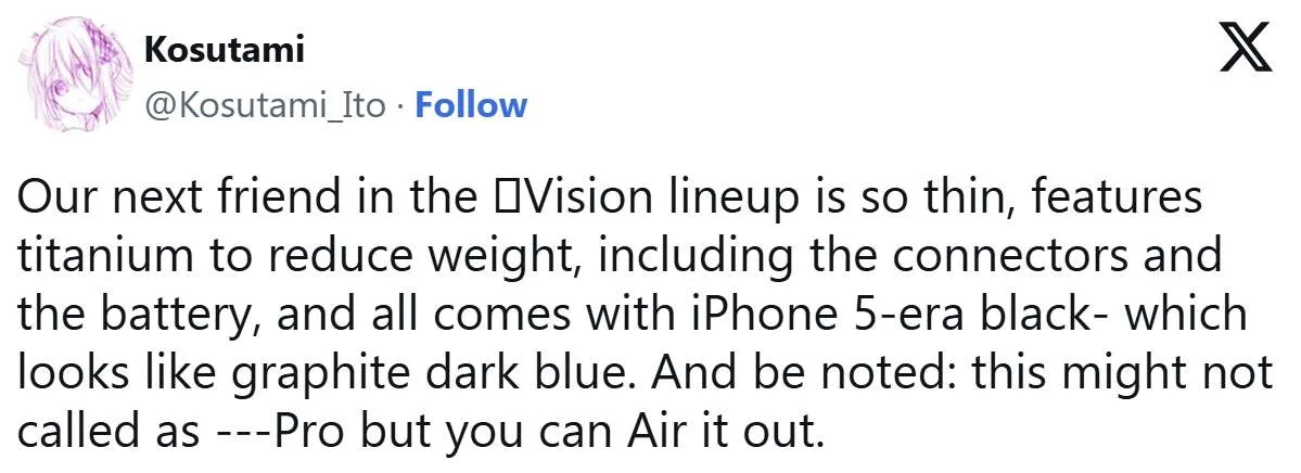 苹果新XR头显可能叫Vision Air，或采用钛金属来减轻重量