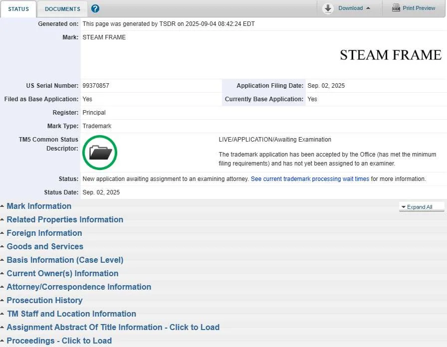 Valve申请Steam Frame商标并推进Deckard VR设备开发