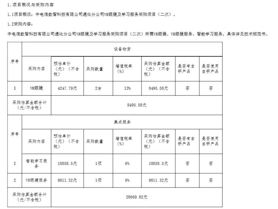 中电信数智科技计划采购VR眼镜及学习服务