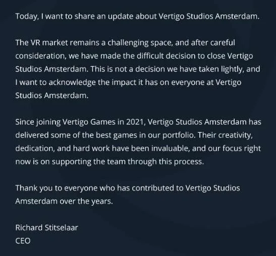 Vertigo Games关闭阿姆斯特丹工作室，曾开发《地铁：觉醒》